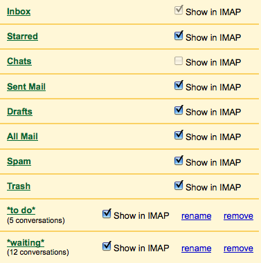 Отключение папок Gmail IMAP-аккаунта